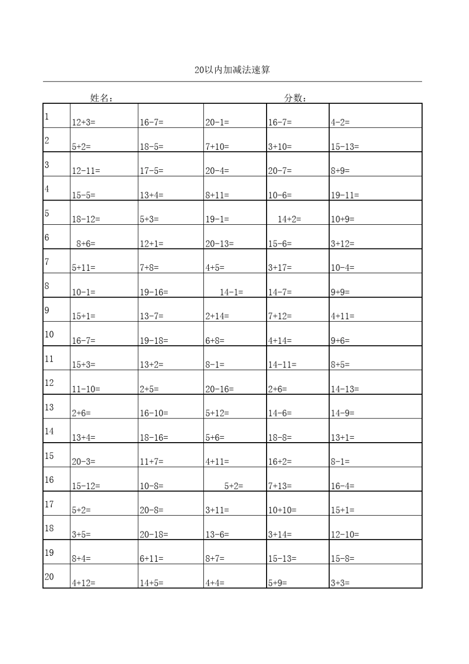 小学一年级20以内加减法速算,A4纸张打印,表头已设置,每页100题_第2页