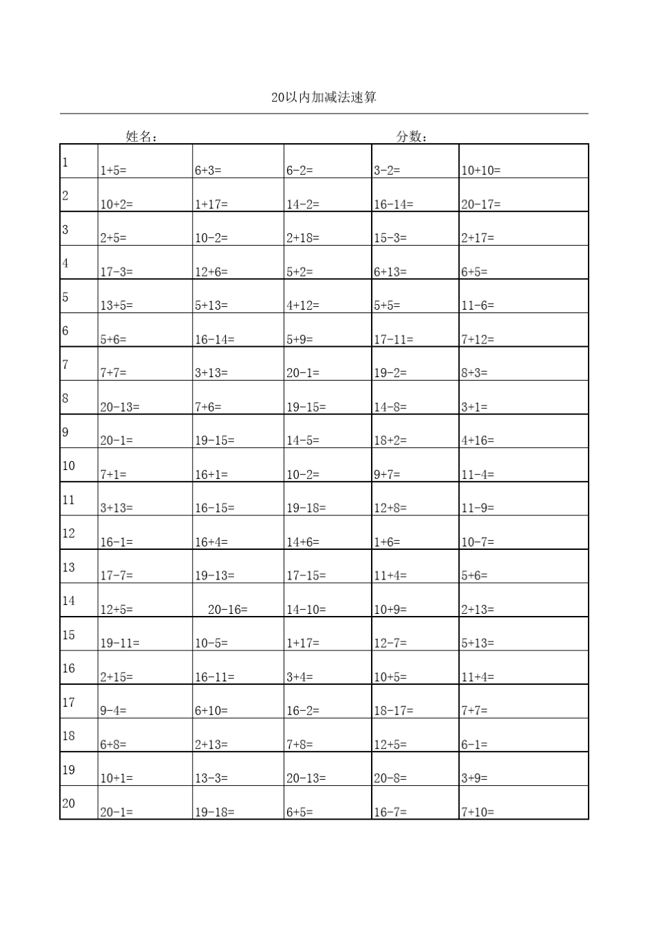 小学一年级20以内加减法速算,A4纸张打印,表头已设置,每页100题_第3页