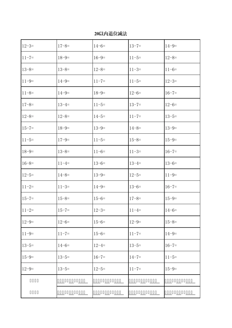 小学一年级20以内退位减法计算练习题_第2页