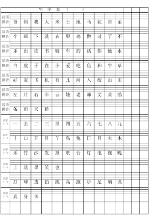 小学一年级上生字标拼音