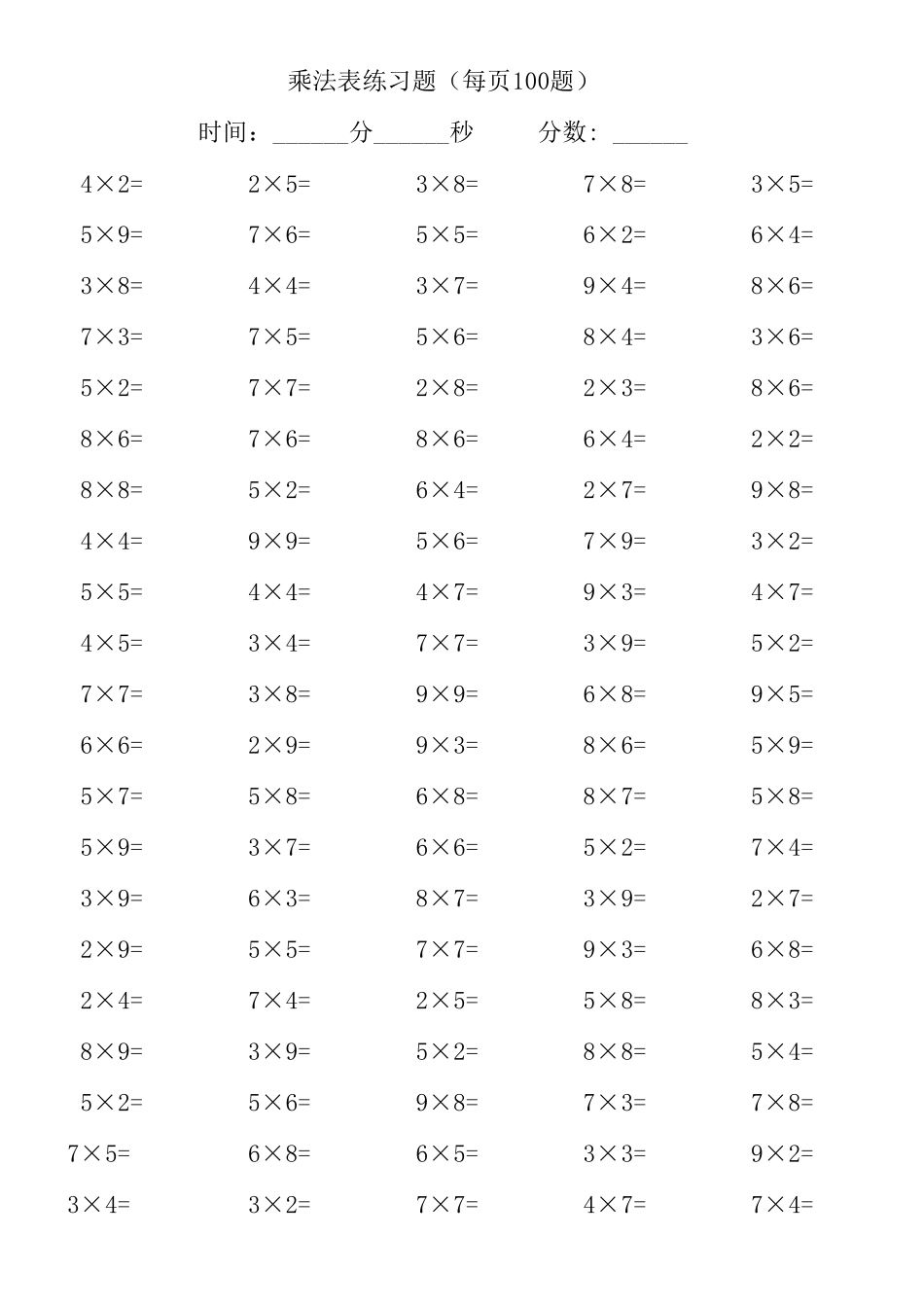 小学一年级乘法口决练习题(可直接打印)_第1页
