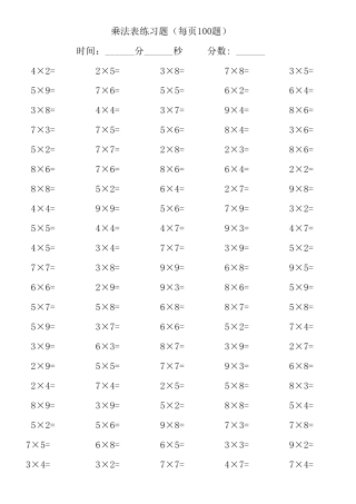 小学一年级乘法口决练习题(可直接打印)