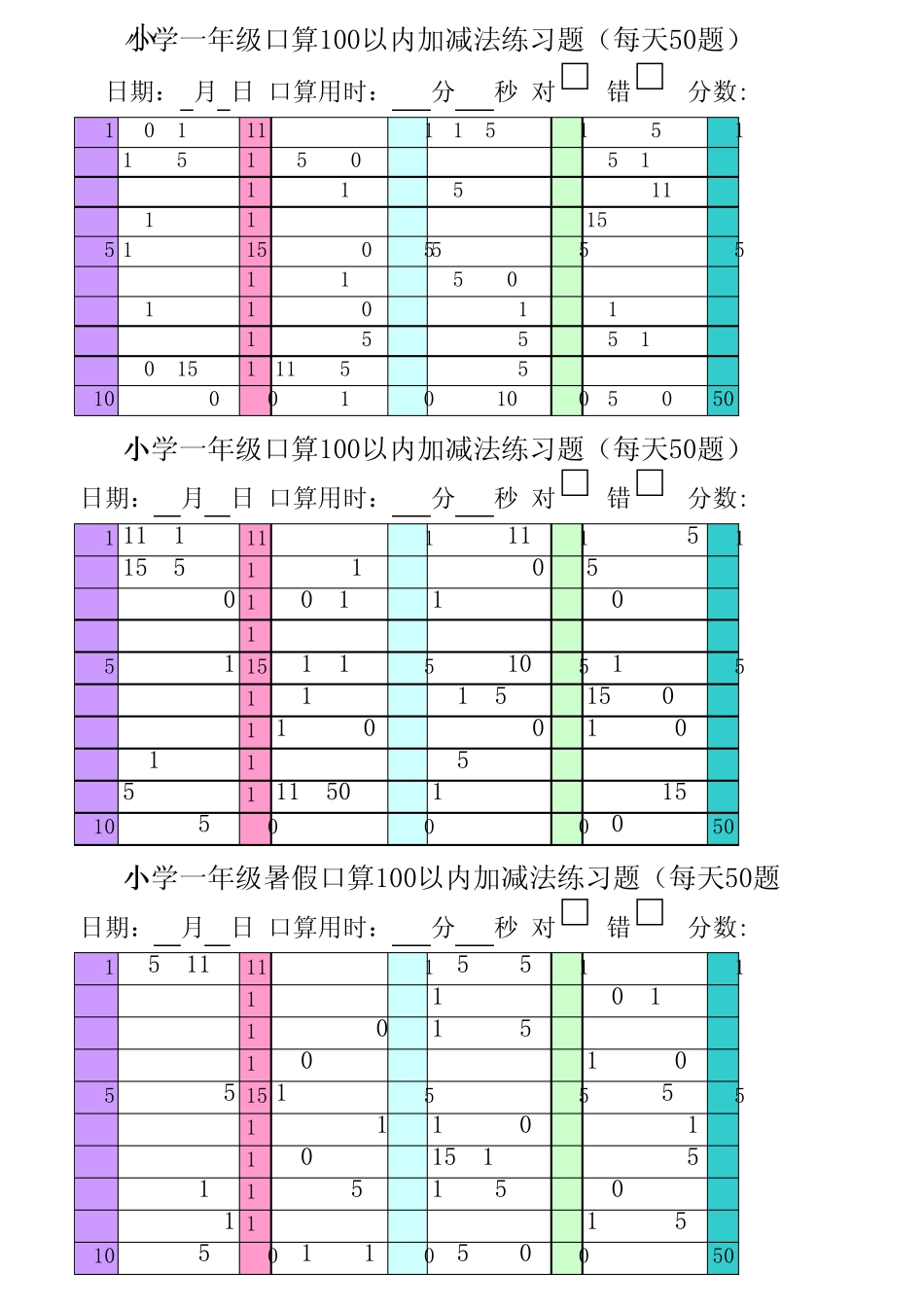 小学一年级口算100以内加减法练习题(每天50)_第1页