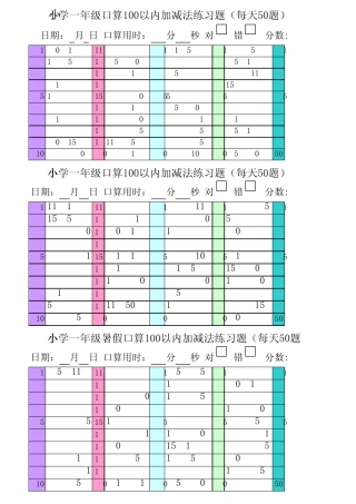 小学一年级口算100以内加减法练习题(每天50)