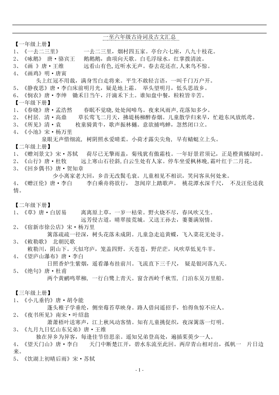 小学一至六年级古诗词及古文汇总_第1页