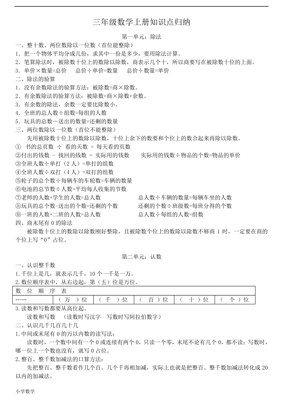 小学三年级上册数学知识点归纳_第1页