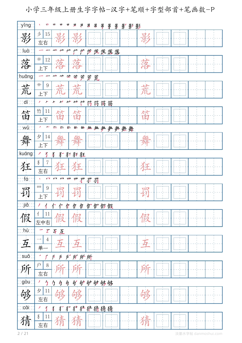 小学三年级上册生字字帖汉字+笔顺+字型部首+笔画数PDF打印版_第2页