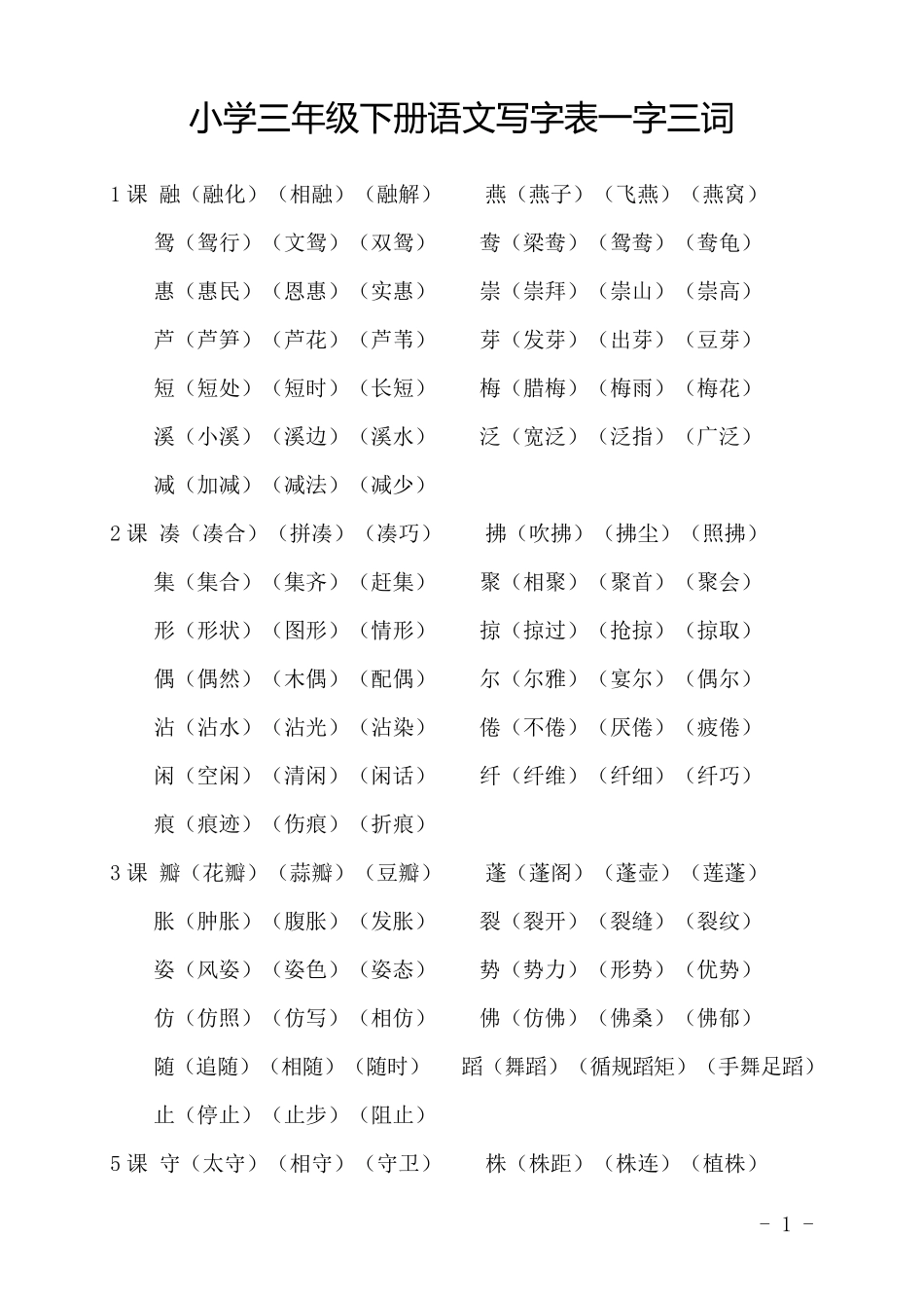 小学三年级下册语文写字表组词一字三词_第1页