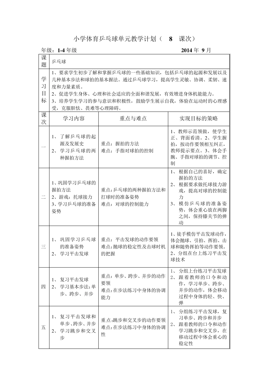 小学乒乓球课教学设计_第1页