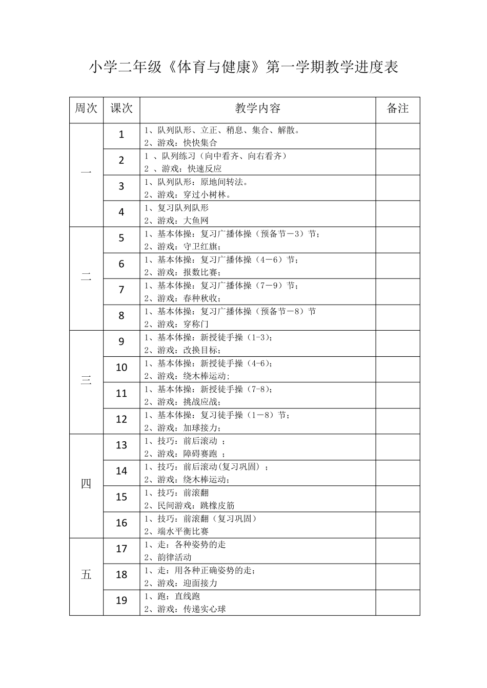 小学二年级《体育与健康》第一学期教学进度表_第1页