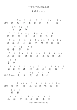小学二年级语文上册生字表注音