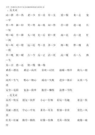小学二年级语文多音字反义词成语谚语造句词语汇总