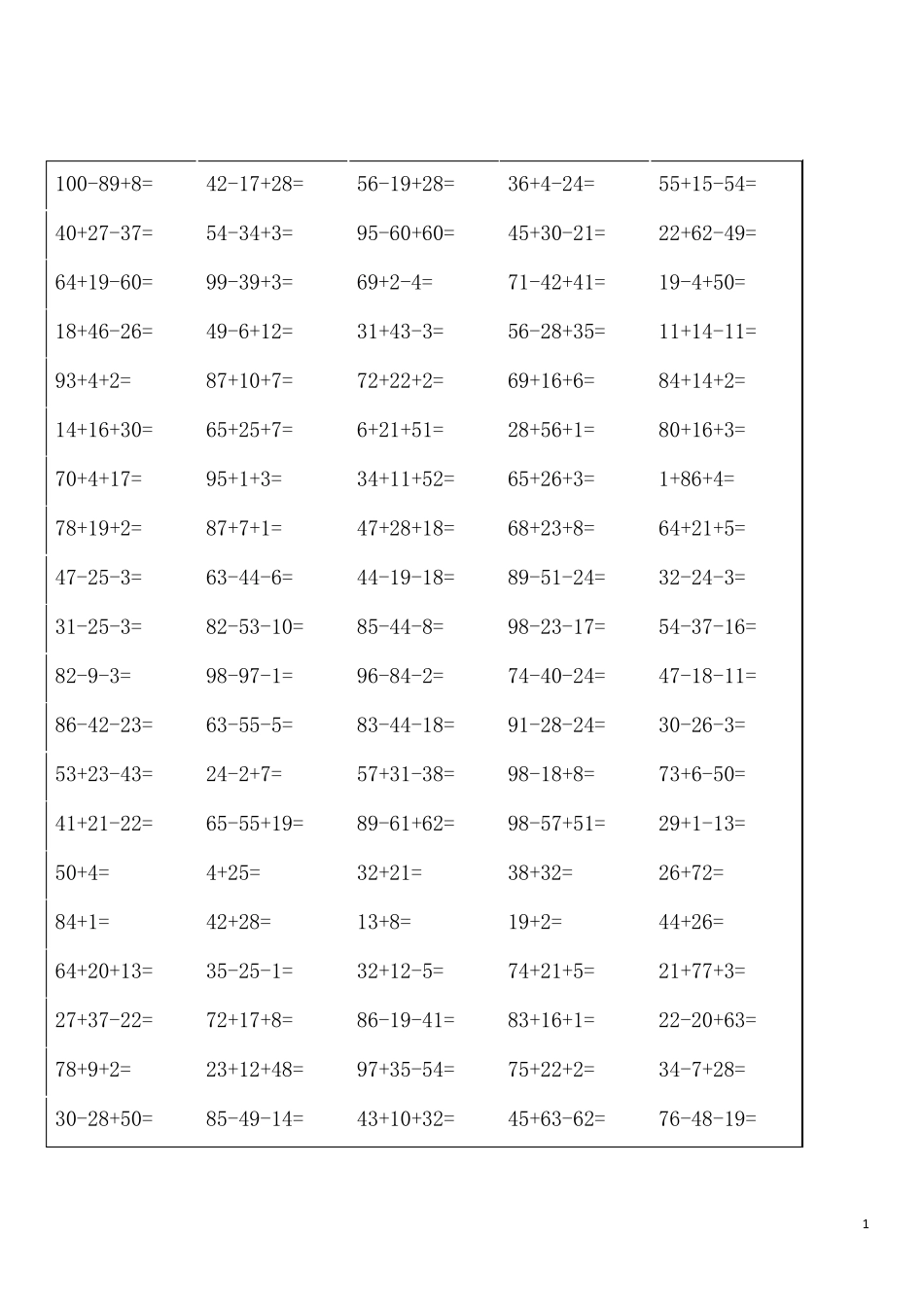 小学五年级100以内加减混合运算口算题_第1页