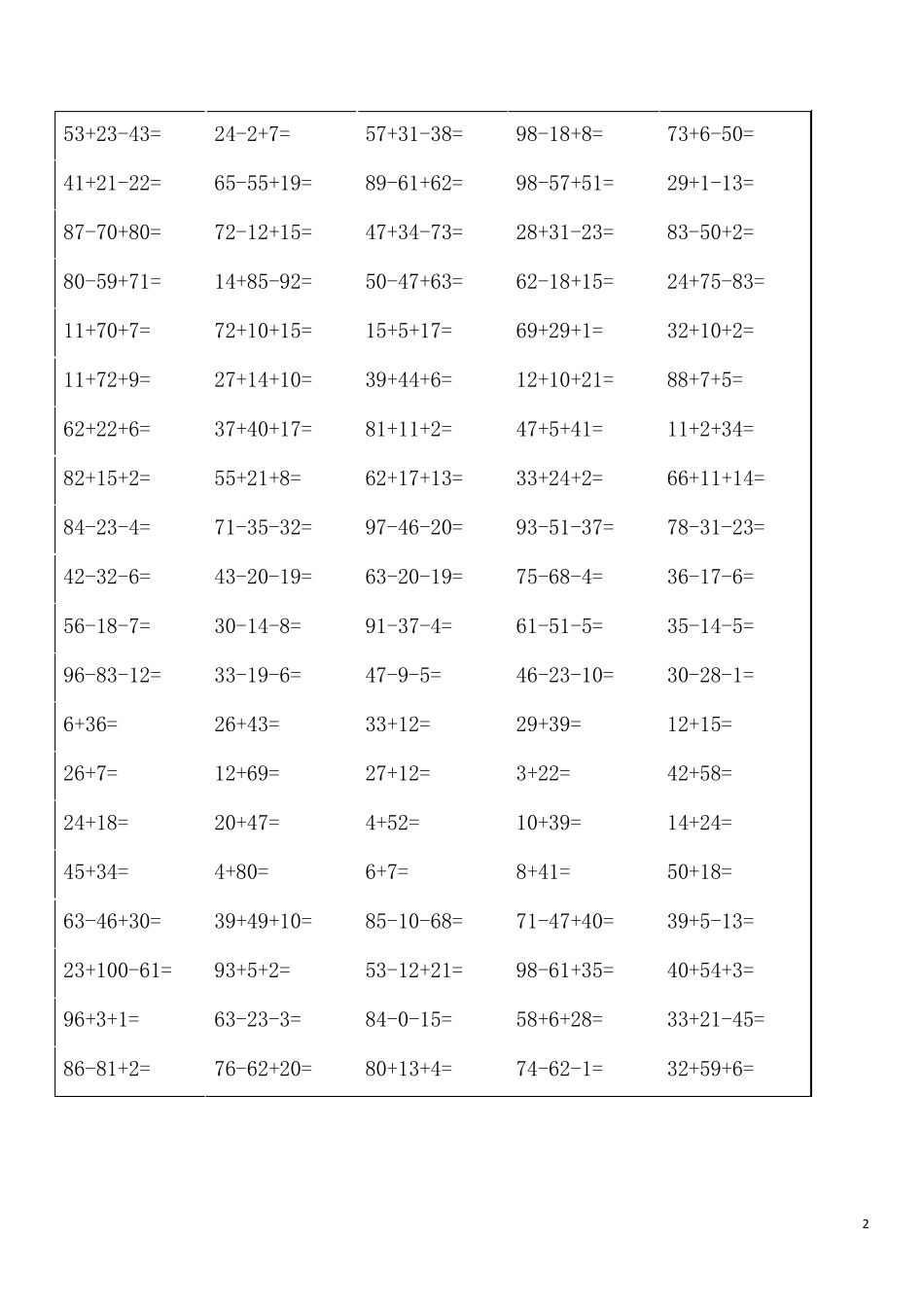 小学五年级100以内加减混合运算口算题_第2页