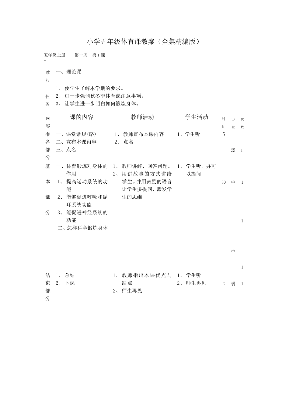 小学五年级体育教案(全集精编版)_第1页