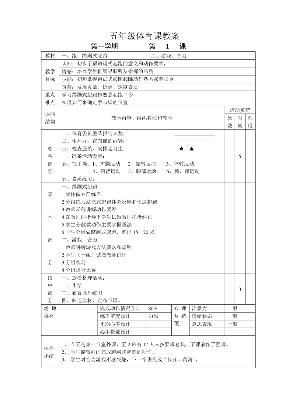小学五年级体育课教案全集1_第1页
