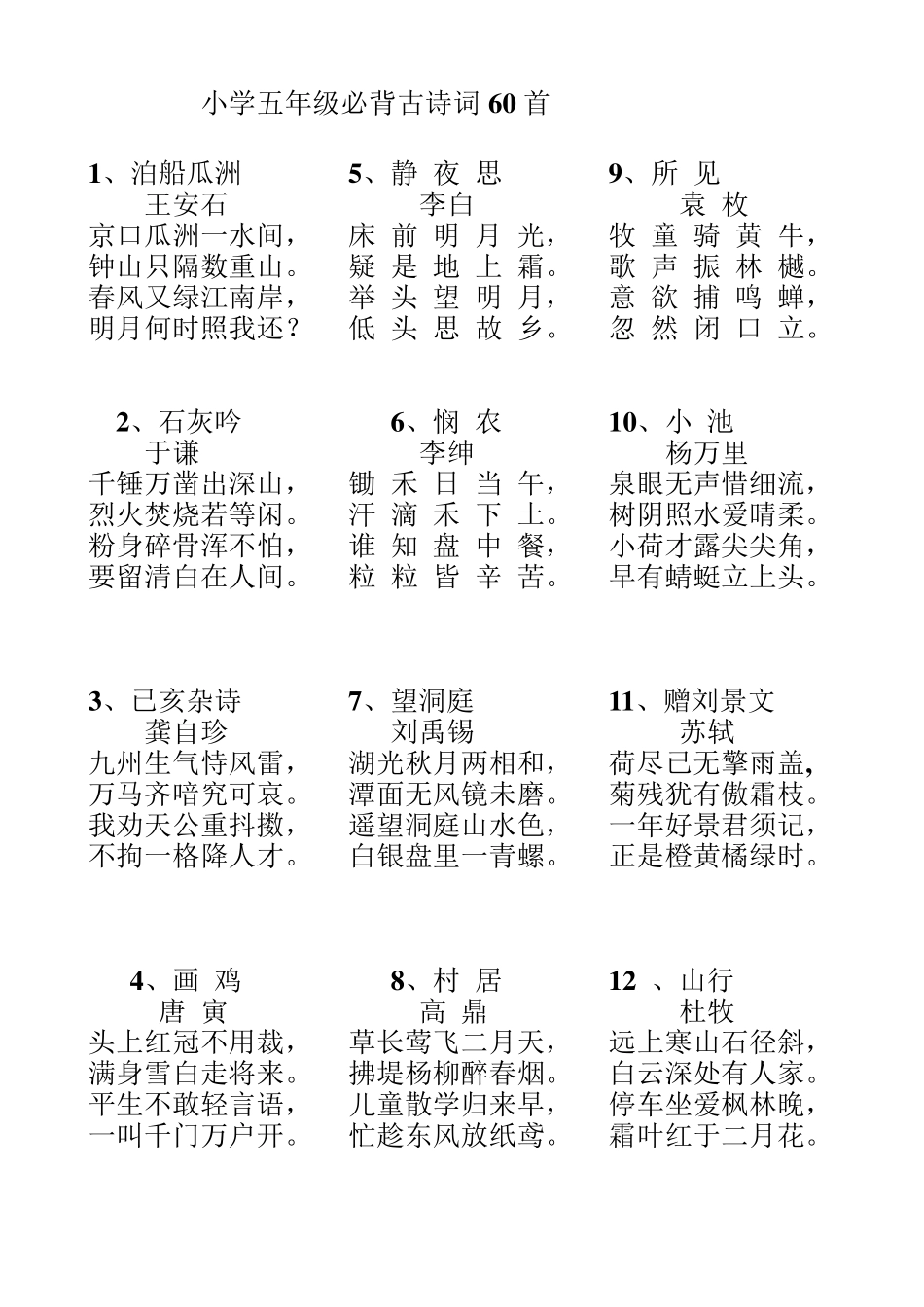 小学五年级必背古诗词60首五年级必学的诗_第1页