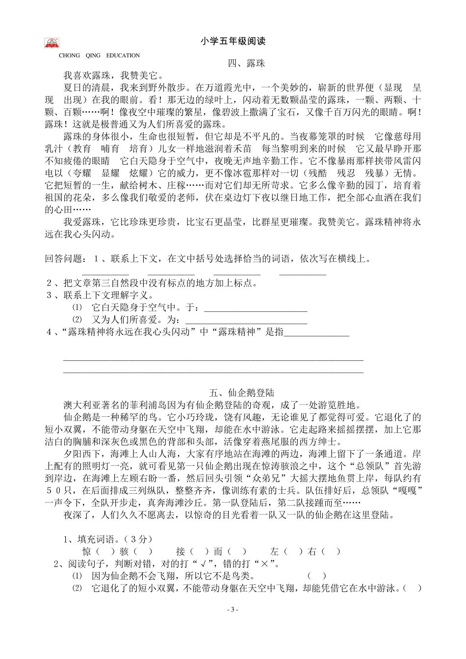 小学五年级阅读分类练习题_第3页