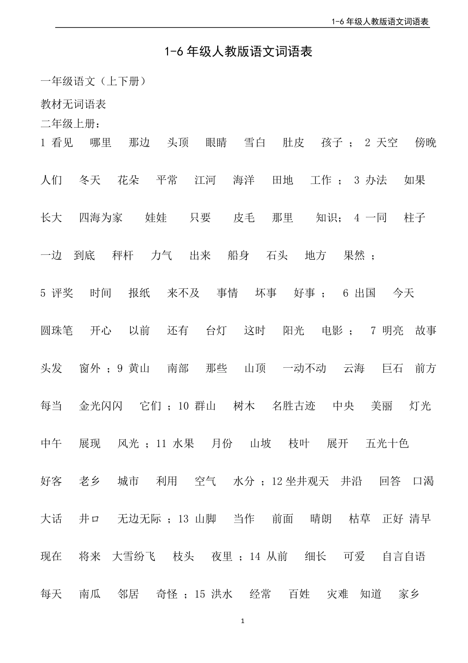 小学人教版语文一至六年级词语表(2020最新版)_第1页