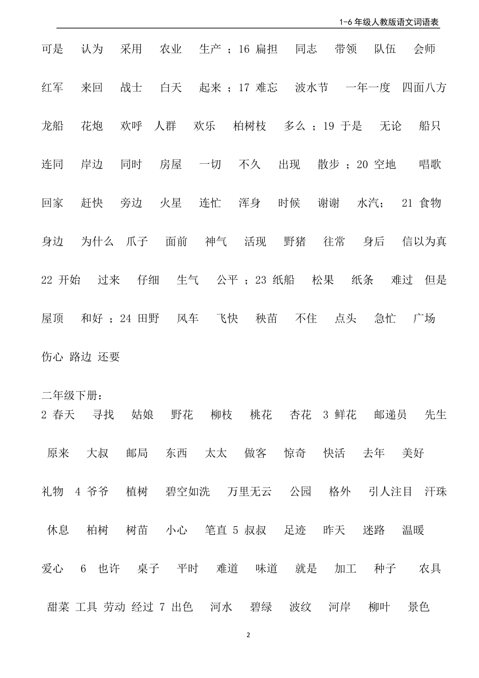 小学人教版语文一至六年级词语表(2020最新版)_第2页