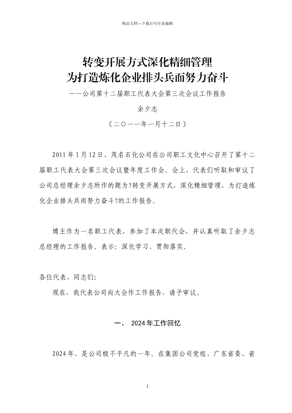 110112茂名石化总经理XX年工作会报告全文_第1页