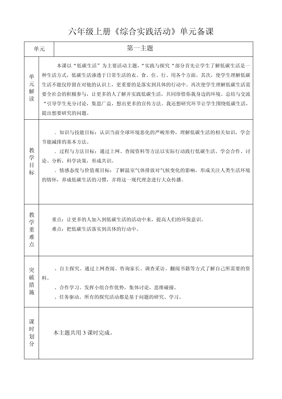 小学六年级《综合实践活动课程》上册第一单元教案_第1页