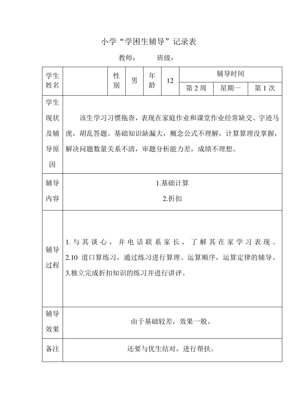 小学六年级数学学困生辅导记载表_第1页