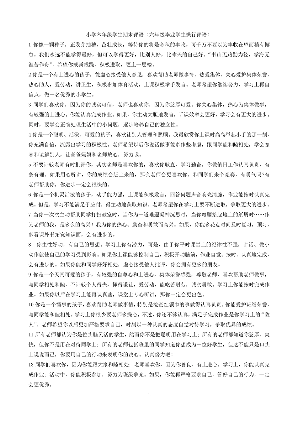 小学六年级毕业评语集锦_第1页