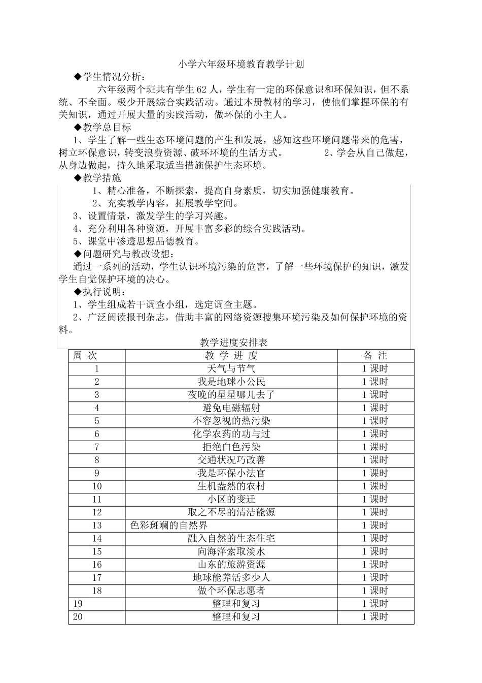 小学六年级环境教育教学计划_第1页