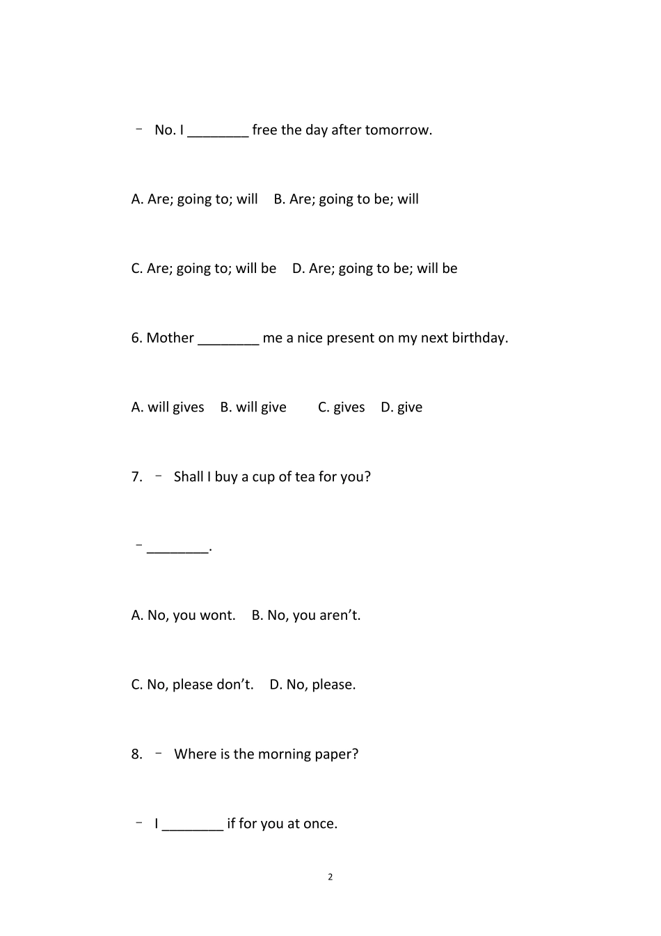 小学六年级英语一般将来时练习题_第2页