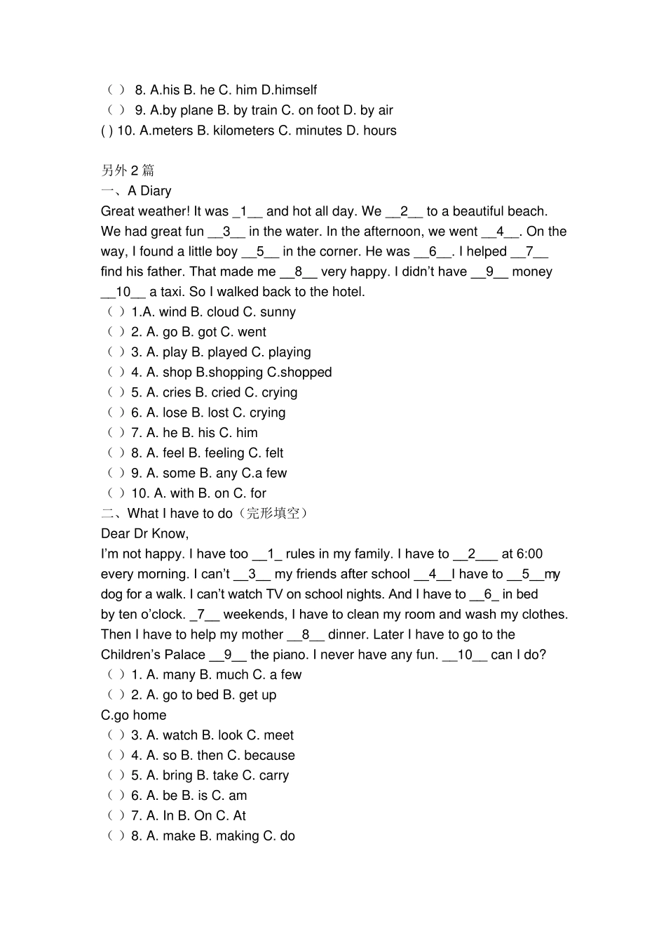 小学六年级英语完形填空_第2页