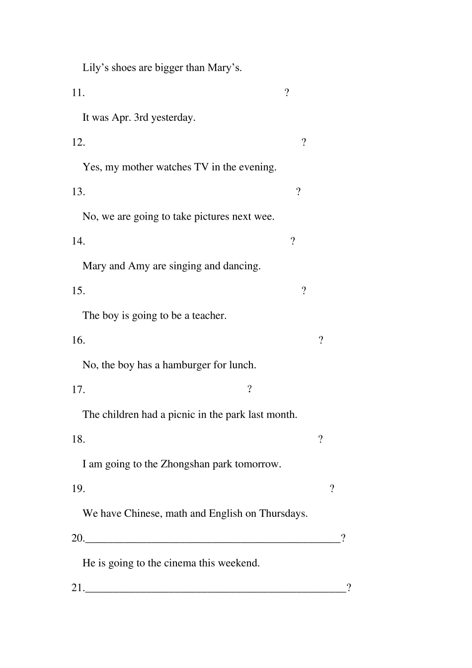 小学六年级英语根据答句写问句专项练习_第2页