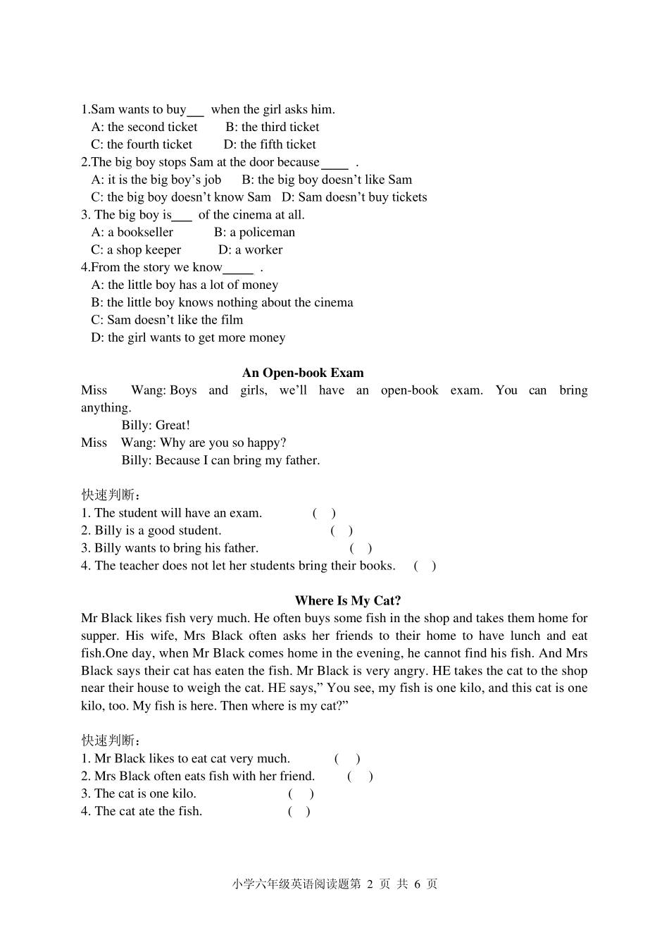 小学六年级英语阅读理解_第2页