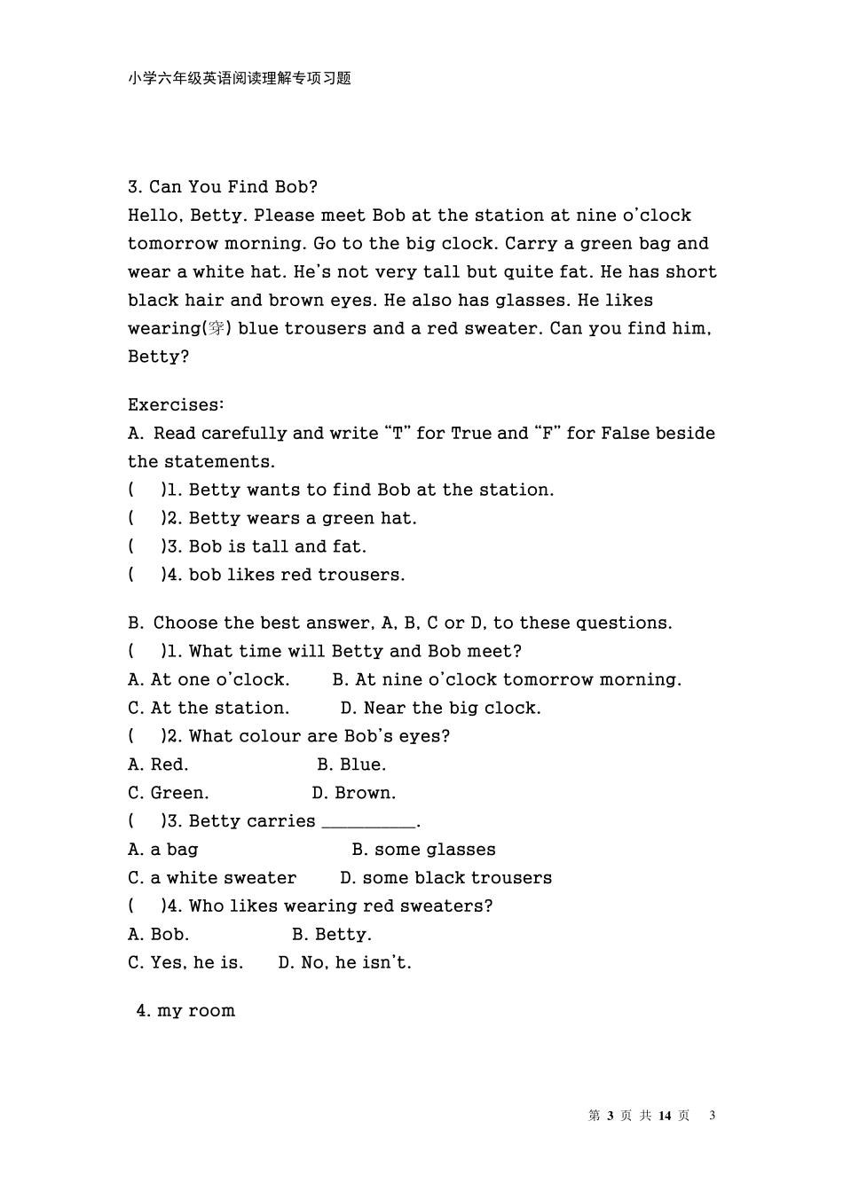 小学六年级英语阅读理解专项练习20题_第3页