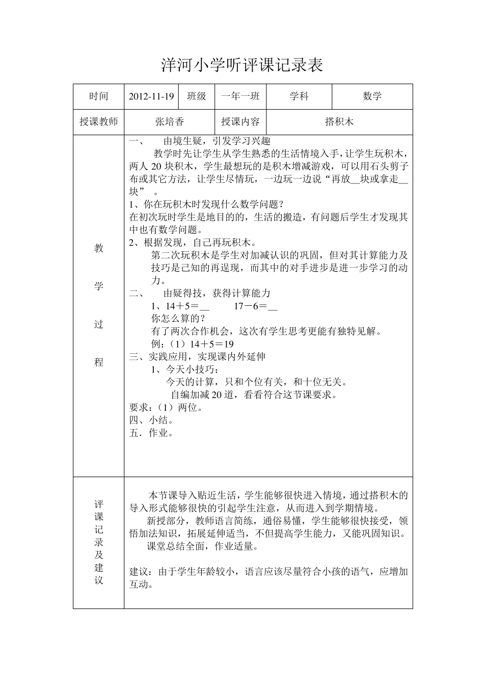 小学听评课记录表_第1页