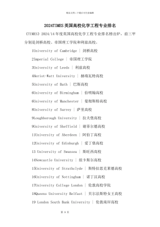 2024TIMES英国大学化学工程专业排名