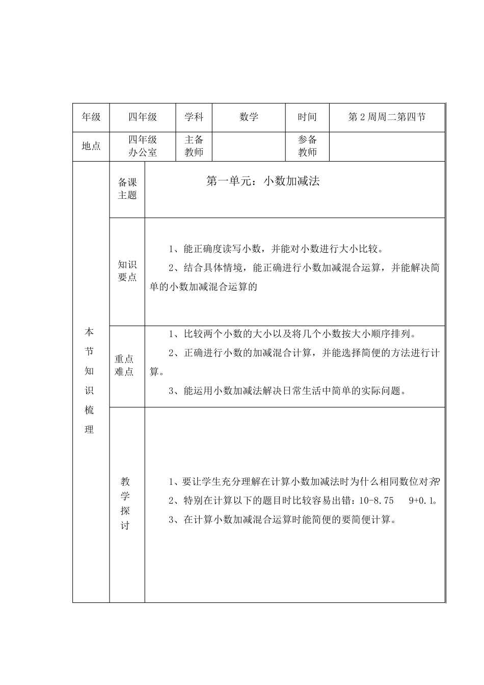 小学四年级上册数学集体备课记录_第2页