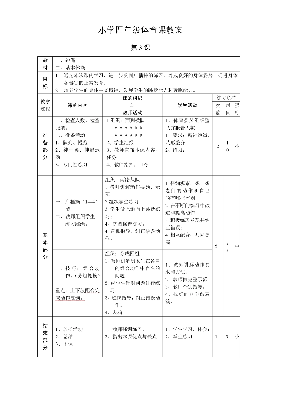 小学四年级体育课教案_第3页