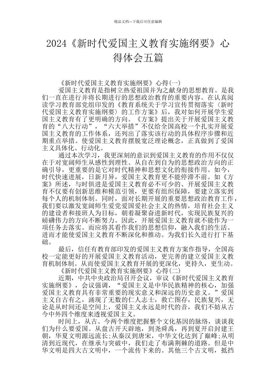 2024《新时代爱国主义教育实施纲要》心得体会五篇_第1页
