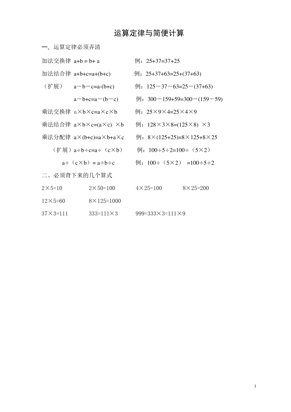 小学四年级数学运算定律与简便计算归纳总结_第1页