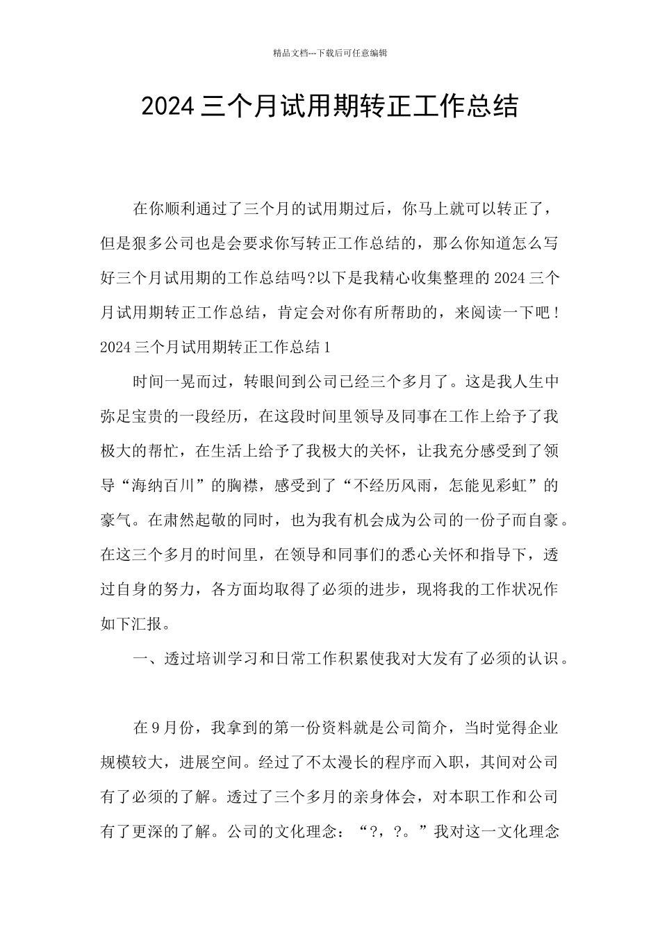 2024三个月试用期转正工作总结_第1页
