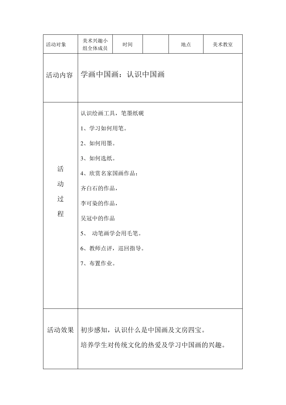小学国画美术兴趣小组活动记录_第1页