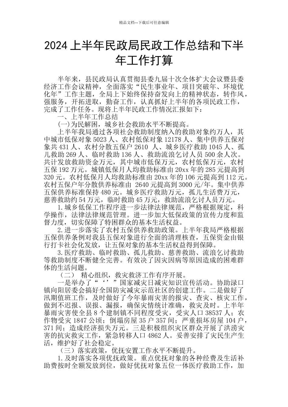 2024上半年民政局民政工作总结和下半年工作打算_第1页