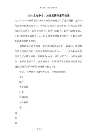 2024上海中考：加分及降分录取政策