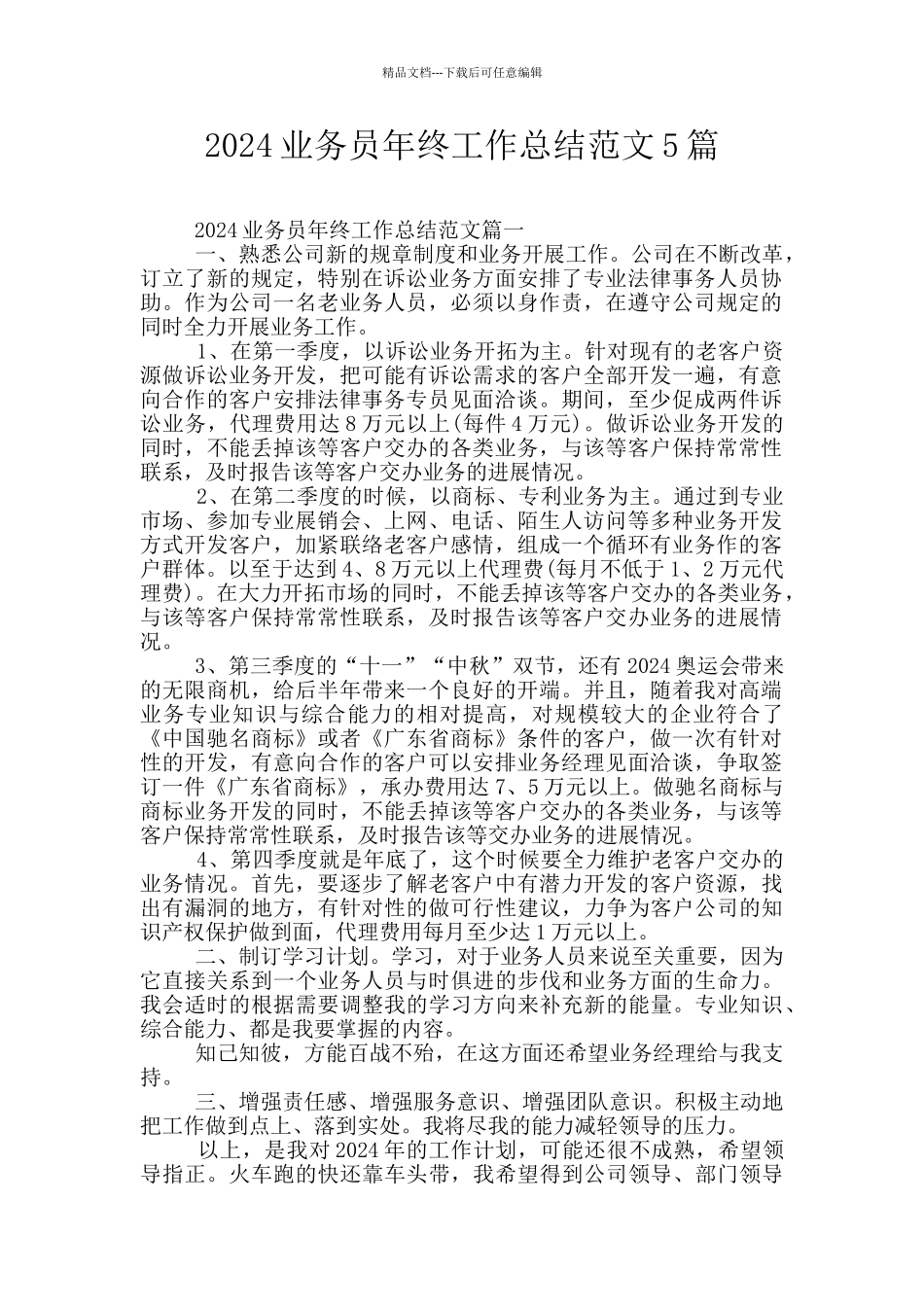 2024业务员年终工作总结范文5篇_第1页