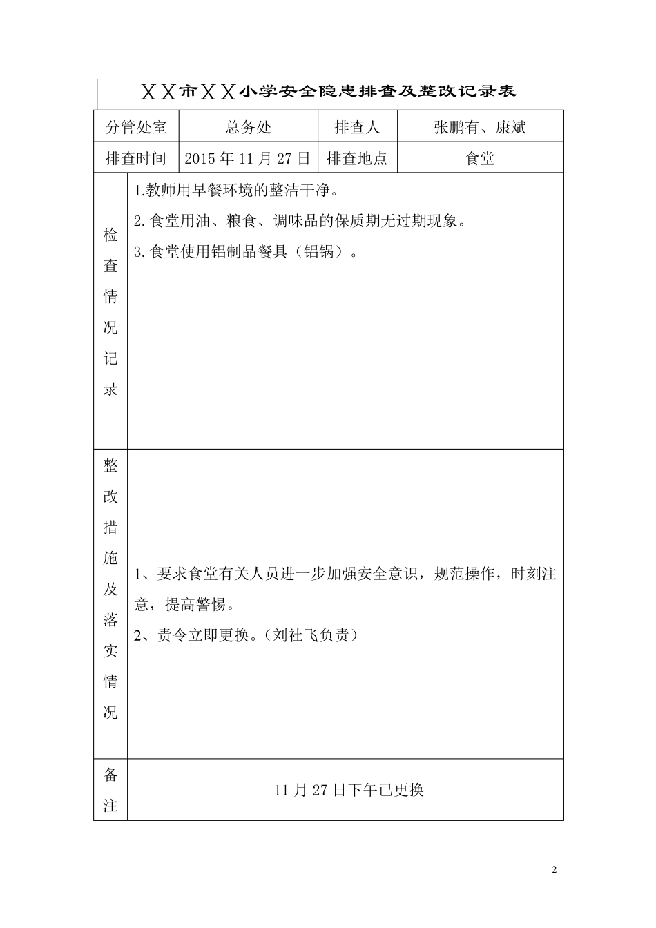 小学安全隐患排查及整改记录表_第2页