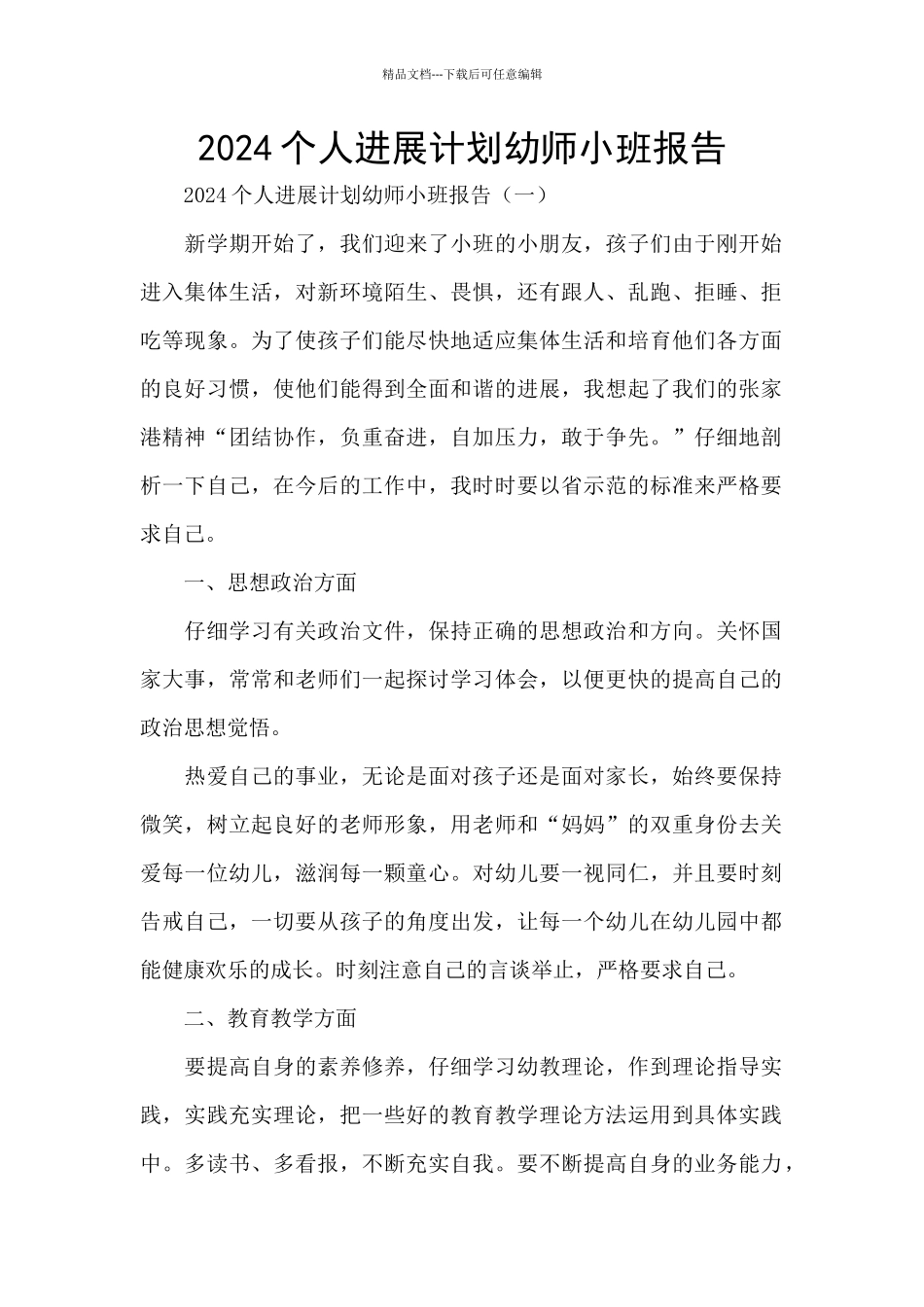 2024个人发展计划幼师小班报告_第1页
