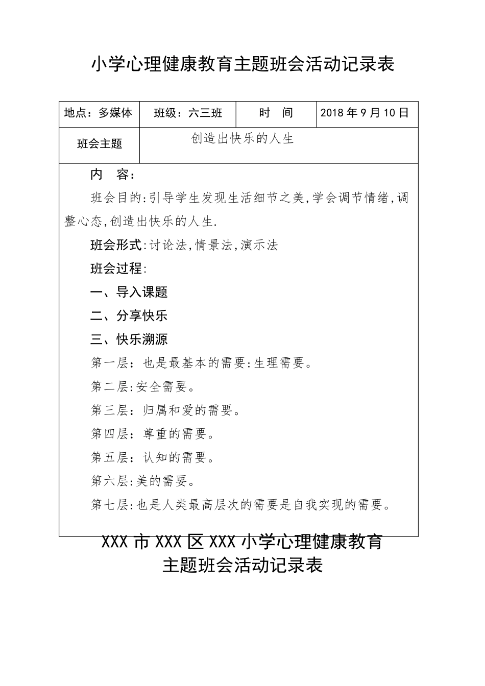 小学心理健康教育主题班会活动记录表_第1页