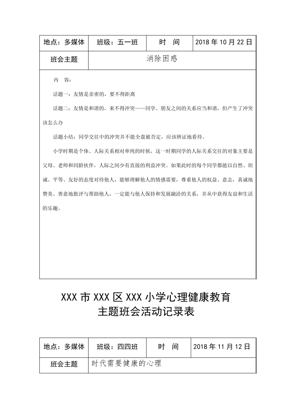 小学心理健康教育主题班会活动记录表_第2页