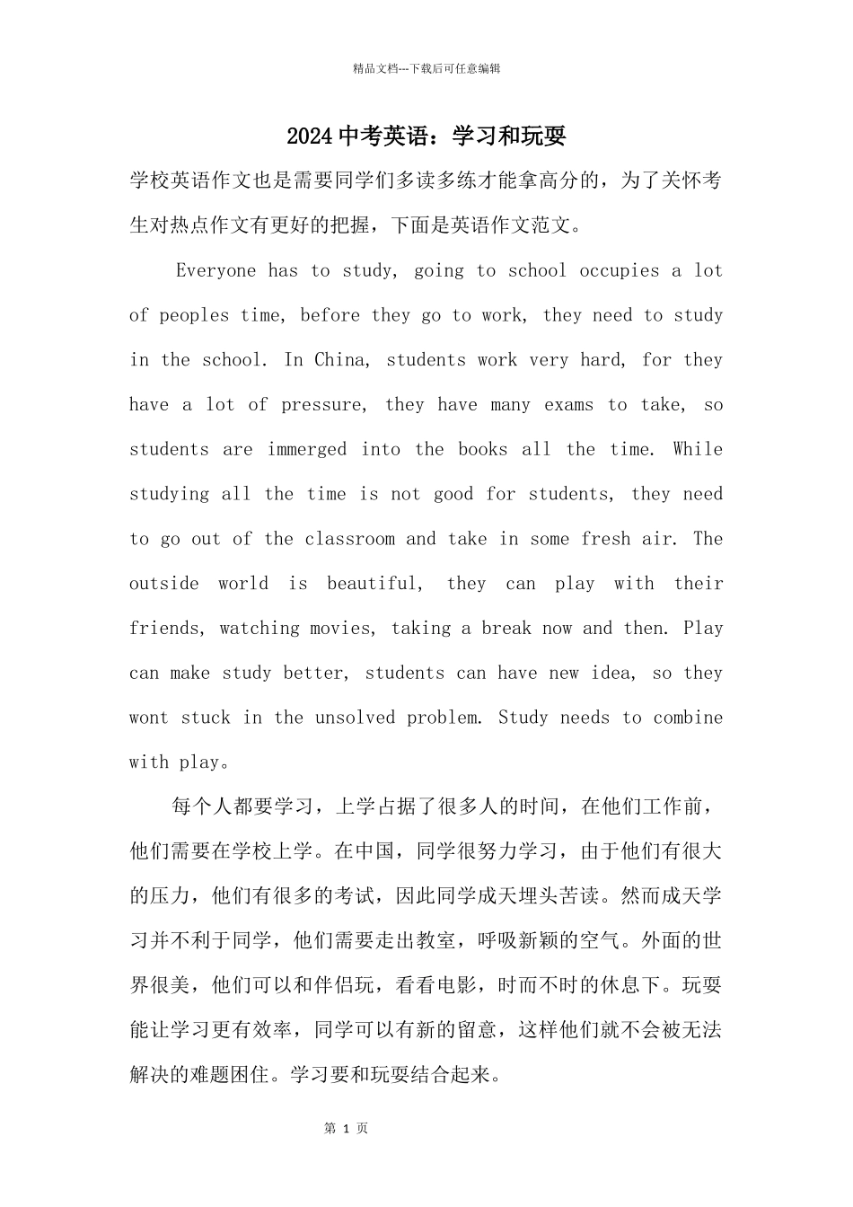 2024中考英语：学习和玩耍_第1页